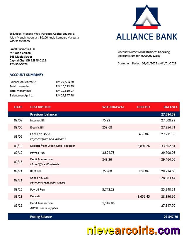 Alliance Bank enterprise account statement